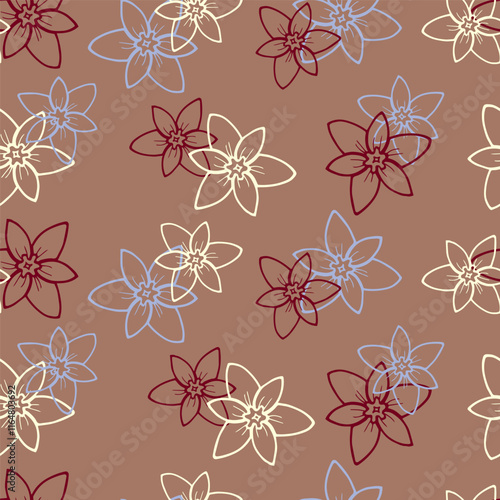 Seamless pattern of hand drawn flowers white, blue, magenta on coffee-brown background. Colorful botanical floral ornament design.