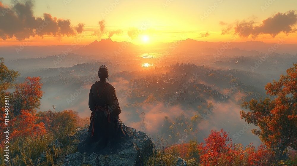 Obraz premium A serene figure meditates at sunrise, overlooking a misty landscape filled with autumn colors.