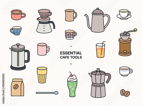 A collection of coffee supplies and various drinks. simple outline object illustration.