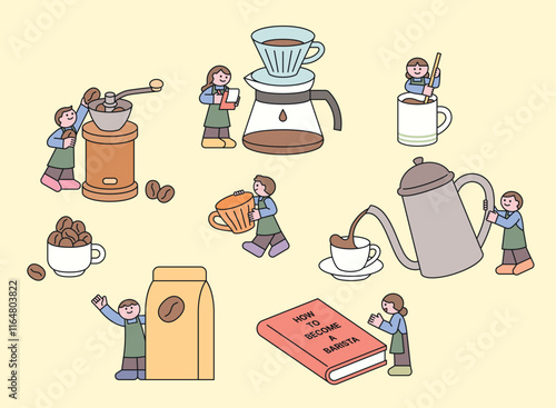 Cute little barista characters making coffee. Various tasks of making coffee. Cuttiny character with outline.