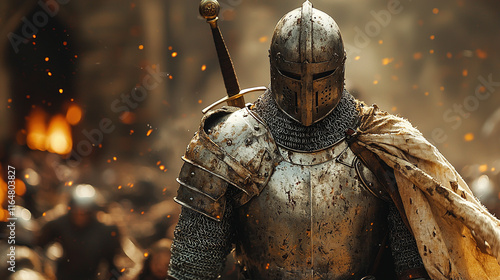 Teutonic Knight in Full Armor with Sword, Medieval Templar Warrior Standing in Battle Stance on Historic Battlefield in the Middle Ages, Dramatic Light and Historical Setting