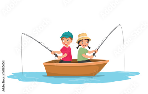 Cute little kids sitting in a boat fishing on the lake