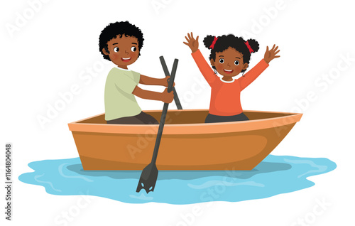 Cute little African kids boy and girl paddling on a boat