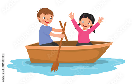 Cute little kids boy and girl paddling on a boat