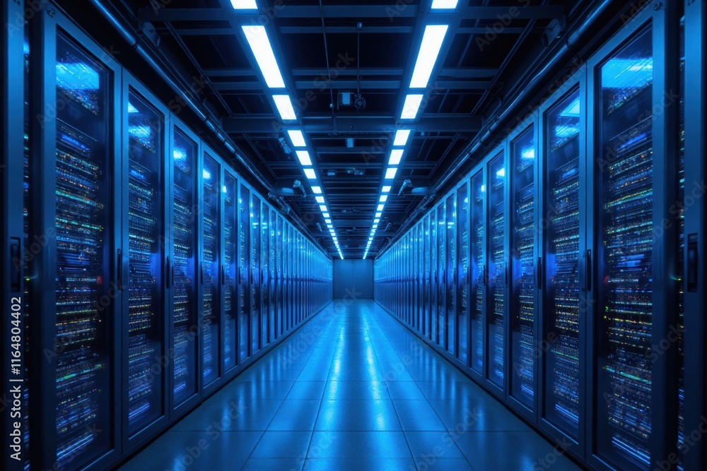 Interior View of Modern Data Center with Blue LED Lighting Interior View of Modern Data Center with Blue LED Lighting