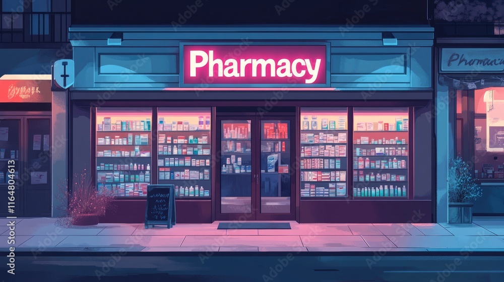 pharmacy storefront with a bright neon sign reading pharmacy storefront with a bright neon sign reading