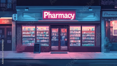 pharmacy storefront with a bright neon sign reading 