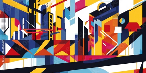 Vibrant abstract cityscape illustration; bold geometric shapes and contrasting colors create a dynamic, modern urban scene perfect for design projects. photo