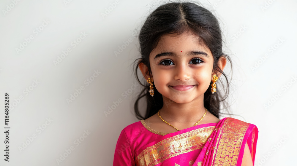 cute little indian girl in elegant sari smiling on white background cute little indian girl in elegant sari smiling on white background