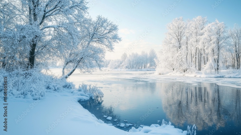Serene Winter Wonderland Snow Covered Trees Frozen River Serene Winter Wonderland Snow Covered Trees Frozen River