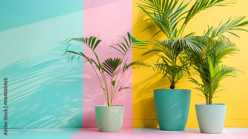 Tropical Palm Plants in Pastel-Colored Pots Against a Colorful Wall Tropical Palm Plants in Pastel-Colored Pots Against a Colorful Wall