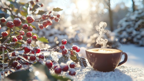 Winter Coffee Snow Berries Hot Drink Cozy Scene photo