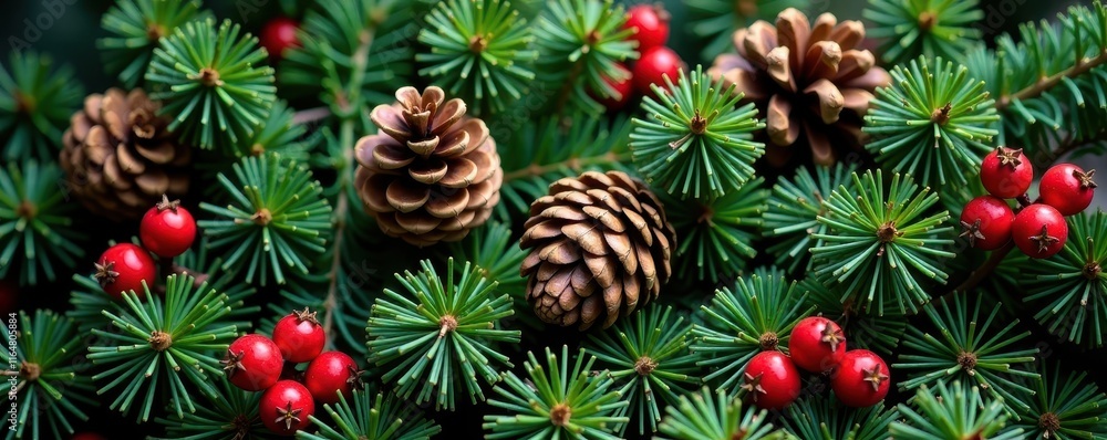 Fototapeta premium Close-up view of decorated evergreen branches, pine cones, and berries , evergreen, christmas tree branches