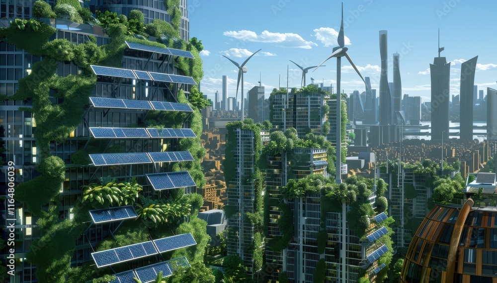 Obraz premium futuristic eco-friendly cityscape, with solar panels on rooftops, wind turbines in the background, lush green vertical gardens on skyscrapers,