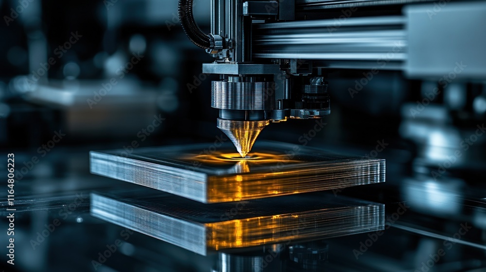 A close-up of a 3D printer nozzle in action, creating a layered object on a glass surface. A close-up of a 3D printer nozzle in action, creating a layered object on a glass surface.