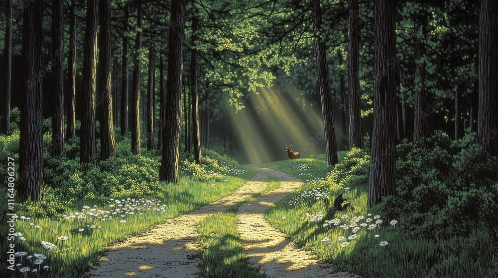Obraz premium A serene forest path illuminated by sunlight, inviting tranquility and nature's beauty.