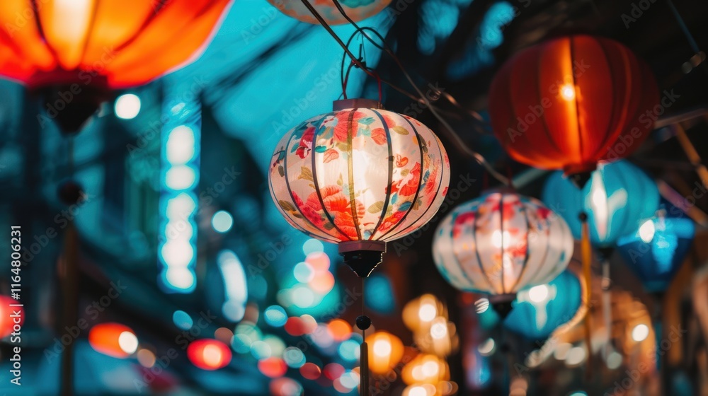 Obraz premium Illuminated lanterns hanging at night market.
