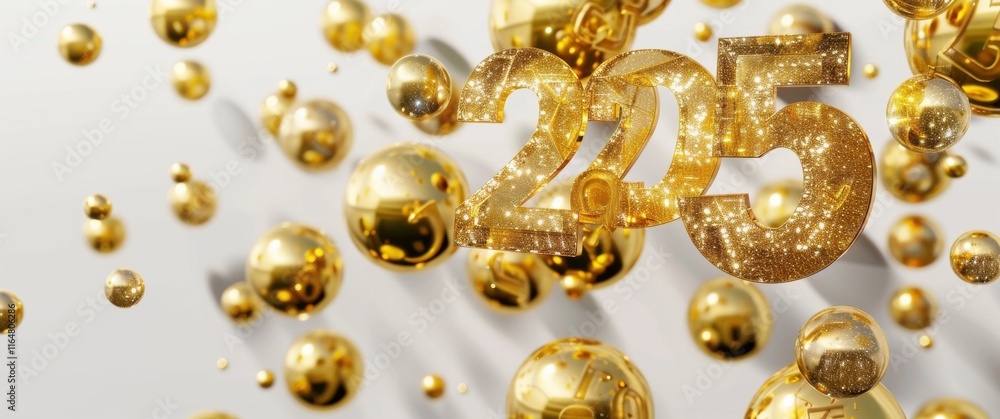 Sparkle into 2025! Golden spheres and glittering numbers celebrate the new year with luxurious, festive style. Perfect for celebratory designs. Sparkle into 2025! Golden spheres and glittering numbers celebrate the new year with luxurious, festive style. Perfect for celebratory designs.