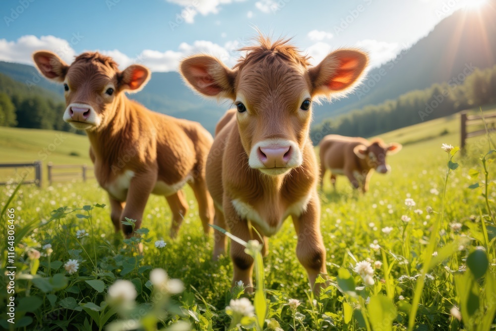 Playful Calves in a Lush Green Meadow Under Bright Sunshine Playful Calves in a Lush Green Meadow Under Bright Sunshine