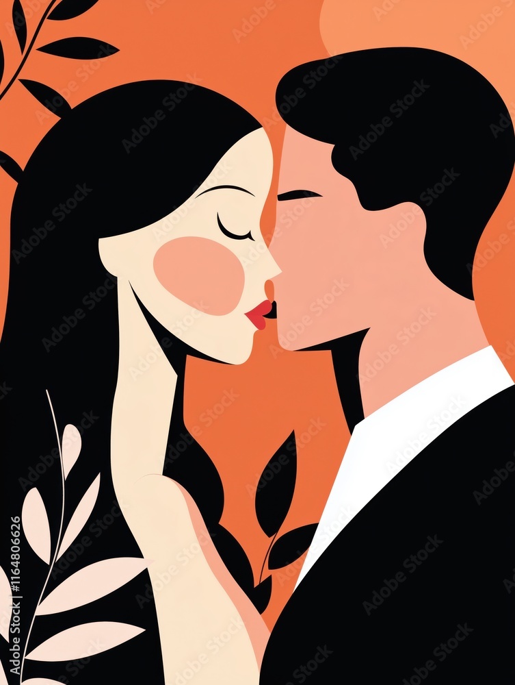 Abstract modern illustration of a couple kissing in bold shapes and colors on an orange background Abstract modern illustration of a couple kissing in bold shapes and colors on an orange background