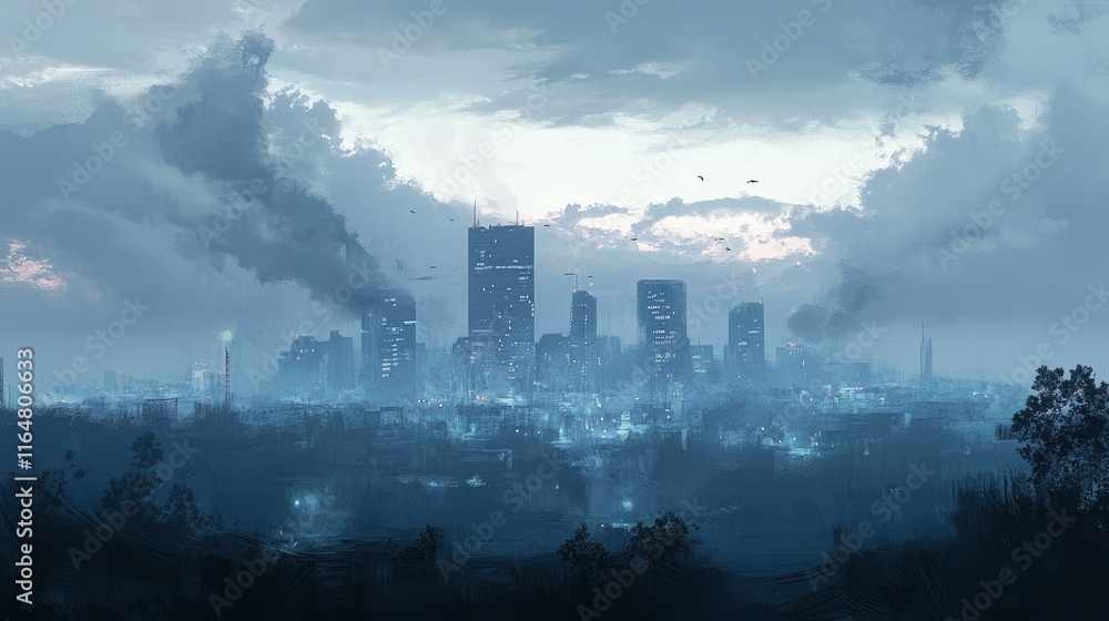Fototapeta premium scene of a city skyline under dark, heavy clouds and grey skies, symbolizing Blue Monday. The city should look quiet and distant, with soft blue and gray tones dominating the image.