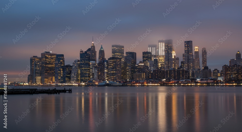 Obraz premium Nighttime skyline of manhattan reflecting over calm hudson river waters