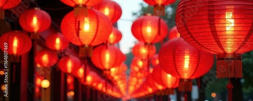 Cluster of red lanterns, various sizes, outdoor setting, vibrant, bright photo