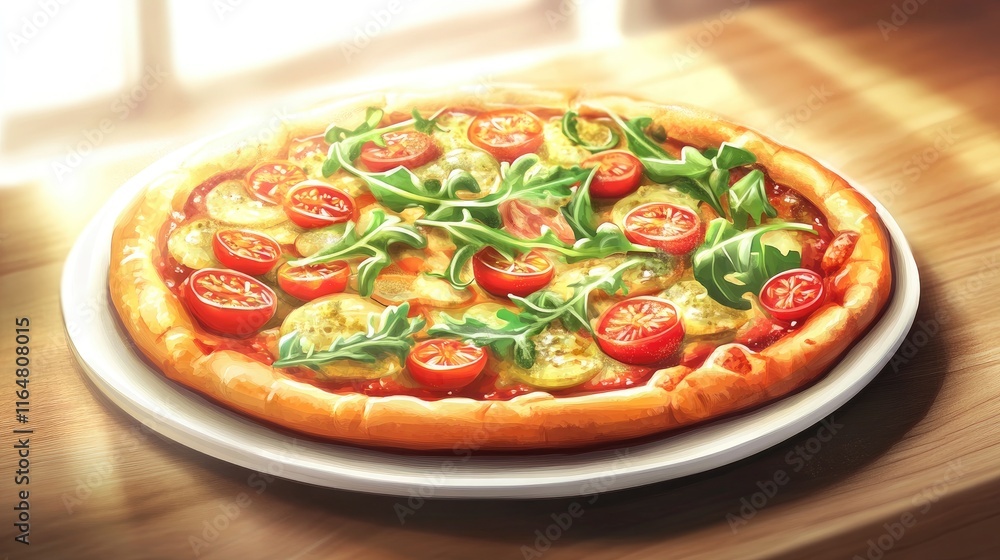 pizza with an assortment of fresh, high-end ingredients like truffle oil, arugula, heirloom tomatoes, and a perfectly charred crust. World Pizza Day. pizza with an assortment of fresh, high-end ingredients like truffle oil, arugula, heirloom tomatoes, and a perfectly charred crust. World Pizza Day.