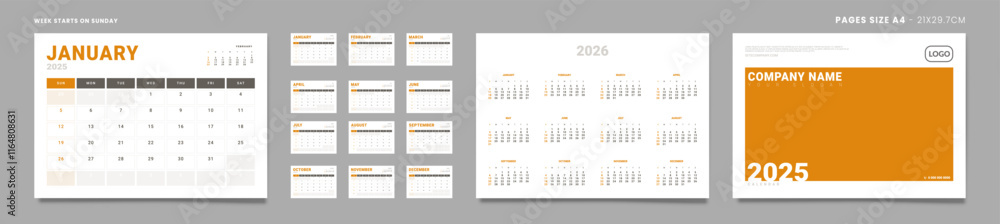 Obraz premium Set of 2025 Pages Monthly Calendar Planner Templates, Cover with Place for Photo, Company Logo, annual. Design of Vector Calendar Pages size Letter -8.5x11 in ready on print. Week start on Sunday