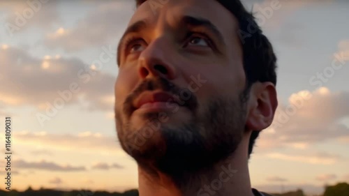 Portrait of a man looking up at sunset