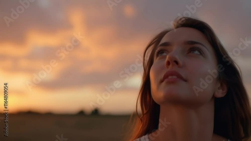 Portrait of a beautiful young woman looking up at a sunset