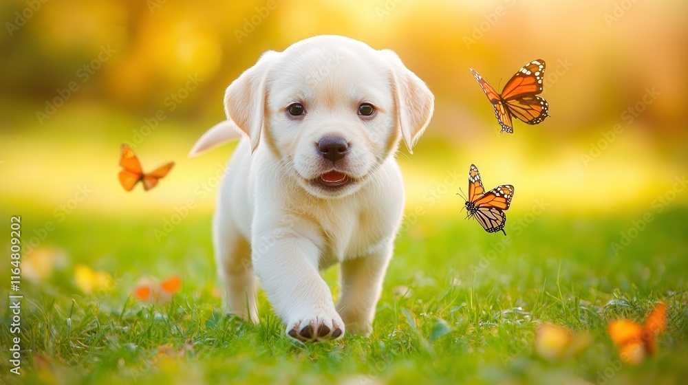 Playful Puppy Chasing Butterflies in Meadow Light Playful Puppy Chasing Butterflies in Meadow Light