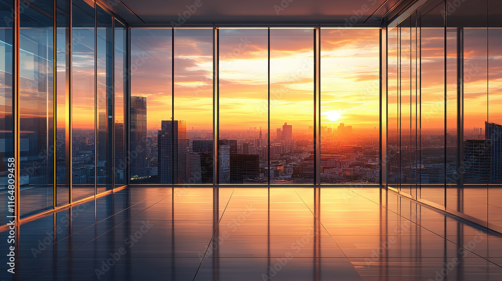 High-rise office interior with floor-to-ceiling windows overlooking the city skyline at sunset High-rise office interior with floor-to-ceiling windows overlooking the city skyline at sunset