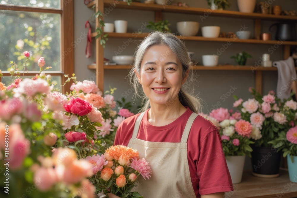 Cheerful florist arranging beautiful flowers in a bright shop Cheerful florist arranging beautiful flowers in a bright shop