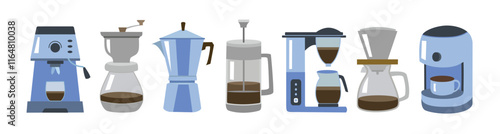 Coffee maker set. Collection of coffee shop element. Blue and grey coffee maker element. Coffee maker element.