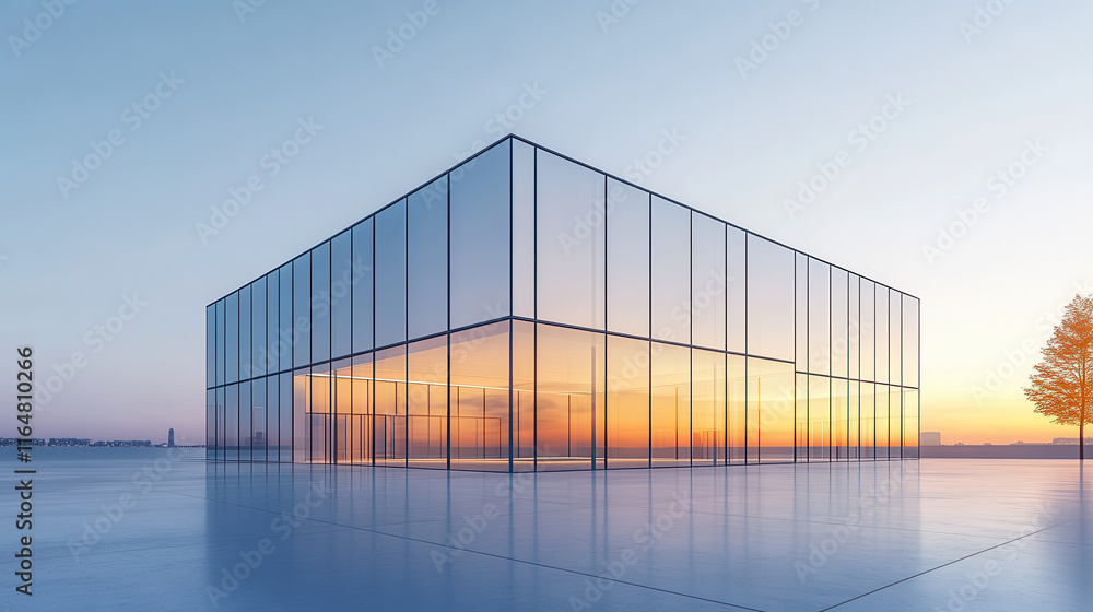 Modern minimalist style, a glass building with clear and transparent windows Modern minimalist style, a glass building with clear and transparent windows