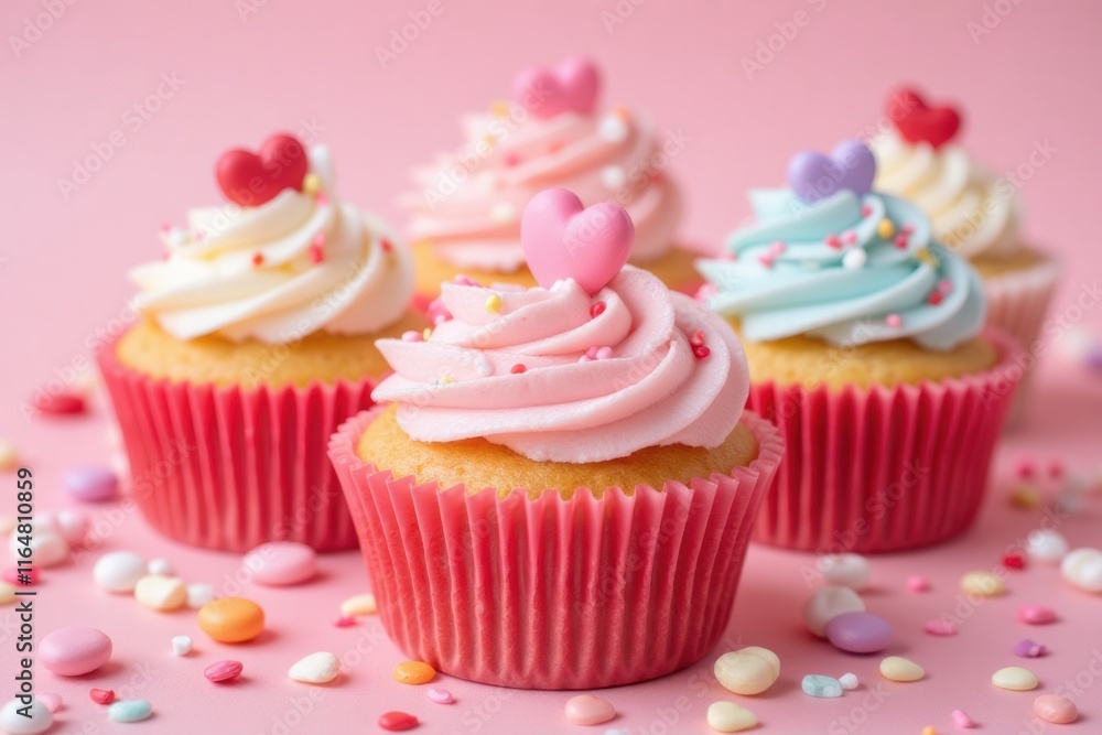 Colorful Heart Topped Cupcakes on Pink Background with Sprinkles Colorful Heart Topped Cupcakes on Pink Background with Sprinkles