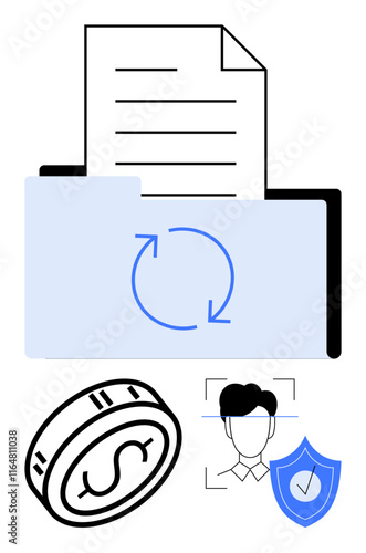File folder with document, dollar coin, person with focus outline, and shield with checkmark. Ideal for financial services, identity verification, security systems, document management, data