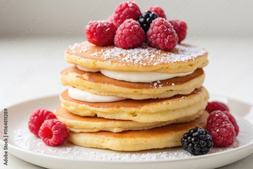 Delicious Pancakes Topped with Fresh Berries on a White Plate Delicious Pancakes Topped with Fresh Berries on a White Plate