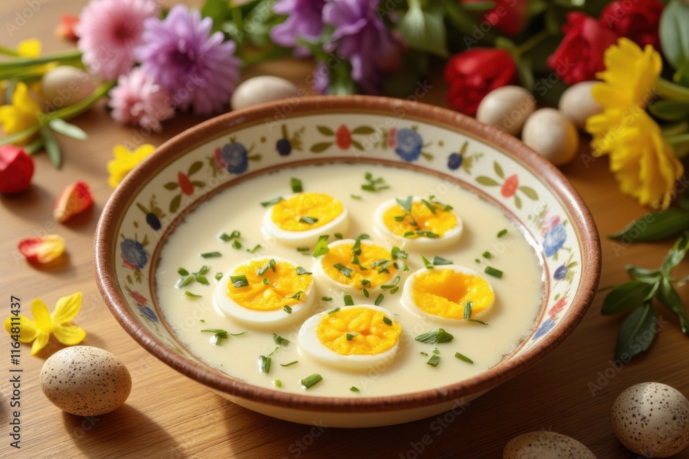 Fresh Egg Soup Served in Decorative Bowl Surrounded by Flowers Fresh Egg Soup Served in Decorative Bowl Surrounded by Flowers