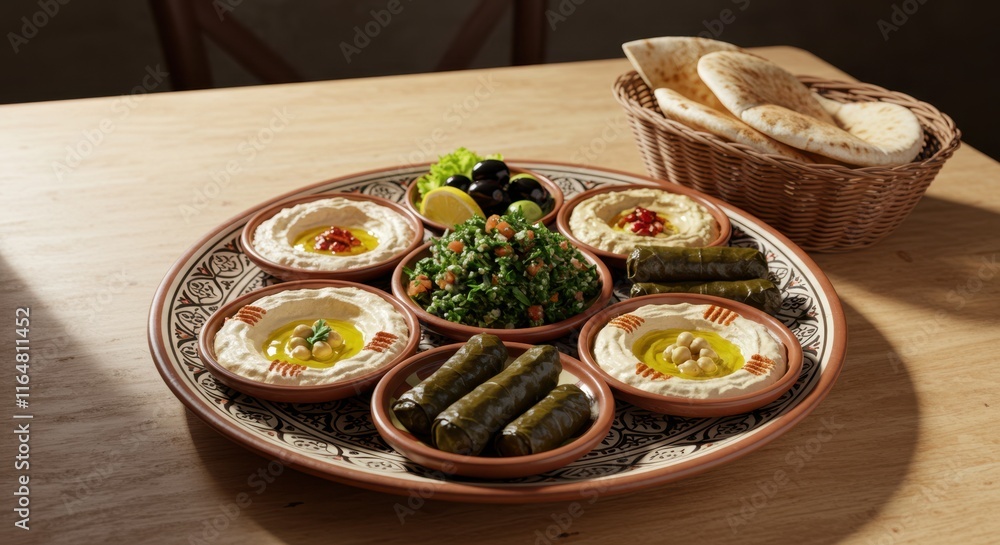 Traditional middle eastern mezze platter with hummus, tabouleh, and dolmas Traditional middle eastern mezze platter with hummus, tabouleh, and dolmas
