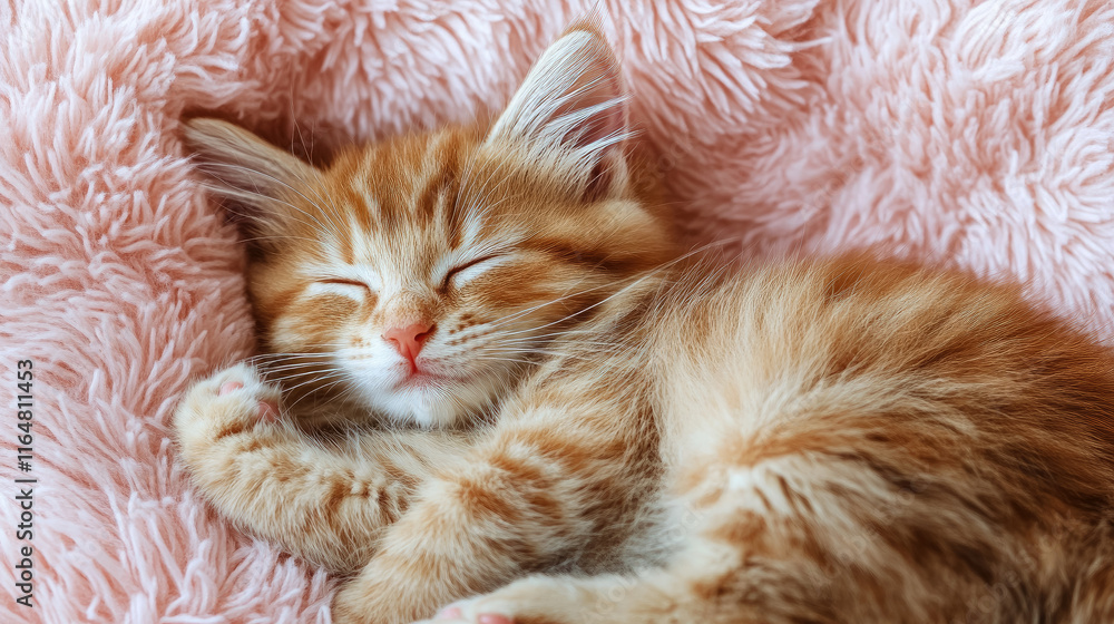 illustration of fluffy kitten sleeping on big 3D pink heart on white background illustration of fluffy kitten sleeping on big 3D pink heart on white background
