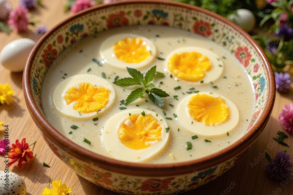 Creamy Soup with Sliced Eggs and Fresh Herbs Surrounded by Flowers Creamy Soup with Sliced Eggs and Fresh Herbs Surrounded by Flowers