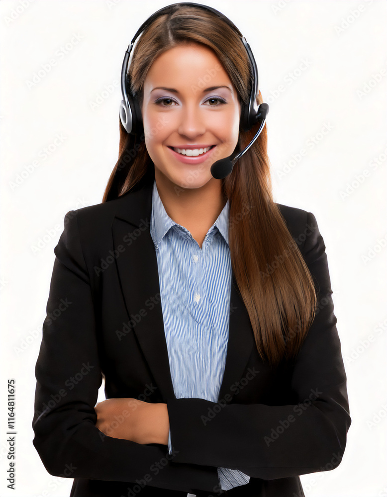 Caucasian female call center operator wearing headset, isolated on white transparent background