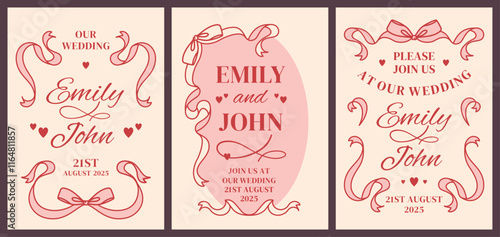 Romantic doodle hand drawn frames. Coquette retro set with hearts, wavy lines, bows and ribbons. Vector modern illustration. Trendy vintage borders for wedding invitations, Valentine day cards