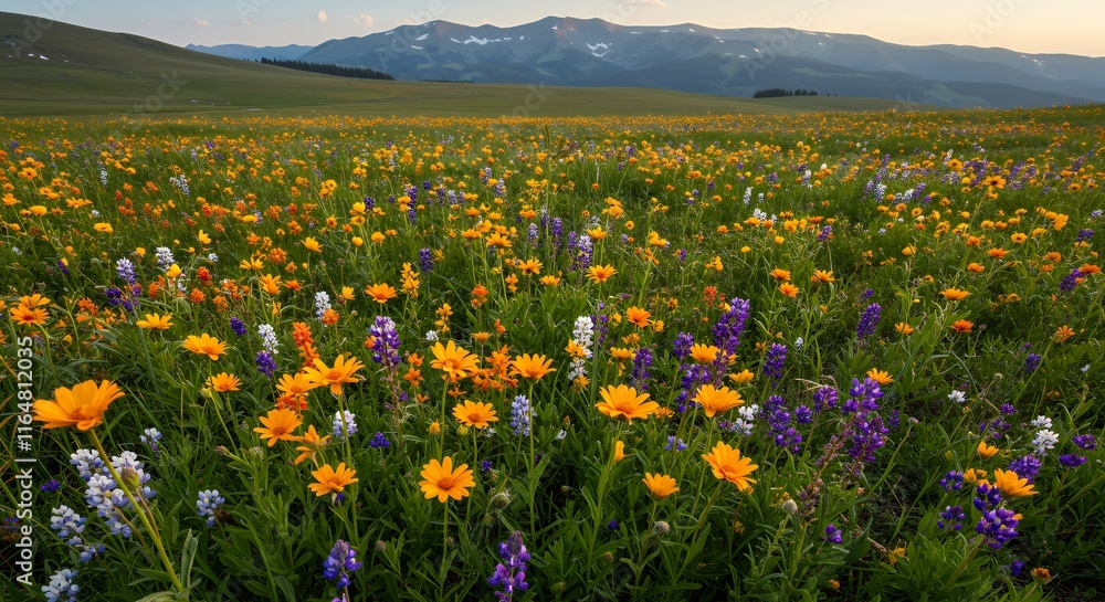 A colorful wildflower meadow spread across a high plateau with distant mountains, creating a cheerful and vibrant natural scene. A colorful wildflower meadow spread across a high plateau with distant mountains, creating a cheerful and vibrant natural scene.