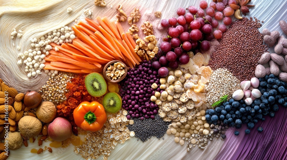 Fototapeta premium Vibrant vegetable and fruit arrangement kitchen table food photography natural setting overhead view healthy eating concepts