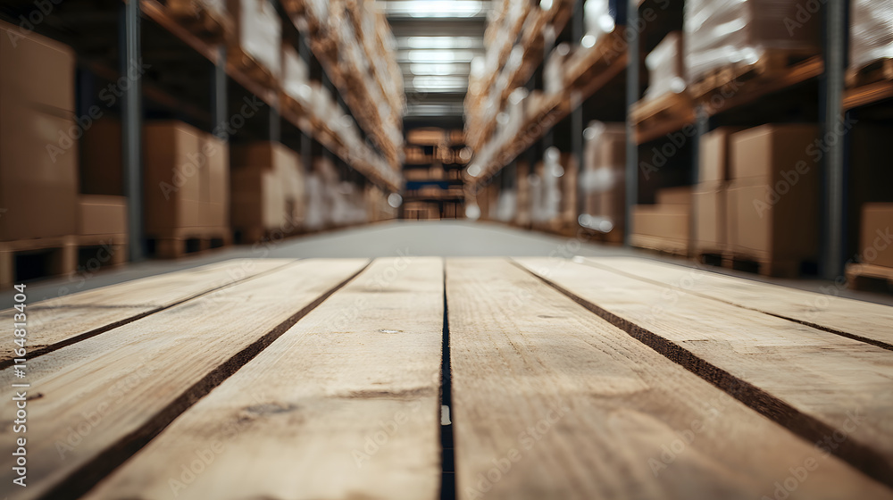 Wooden Pallet in Warehouse Setting with Blurred Cardboard Boxes Wooden Pallet in Warehouse Setting with Blurred Cardboard Boxes