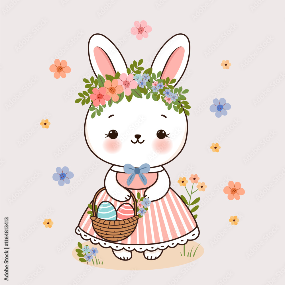 Cute Easter bunny girl in a wreath of flowers with Easter eggs. A hand-drawn rabbit. Vector illustration. Cute Easter bunny girl in a wreath of flowers with Easter eggs. A hand-drawn rabbit. Vector illustration.