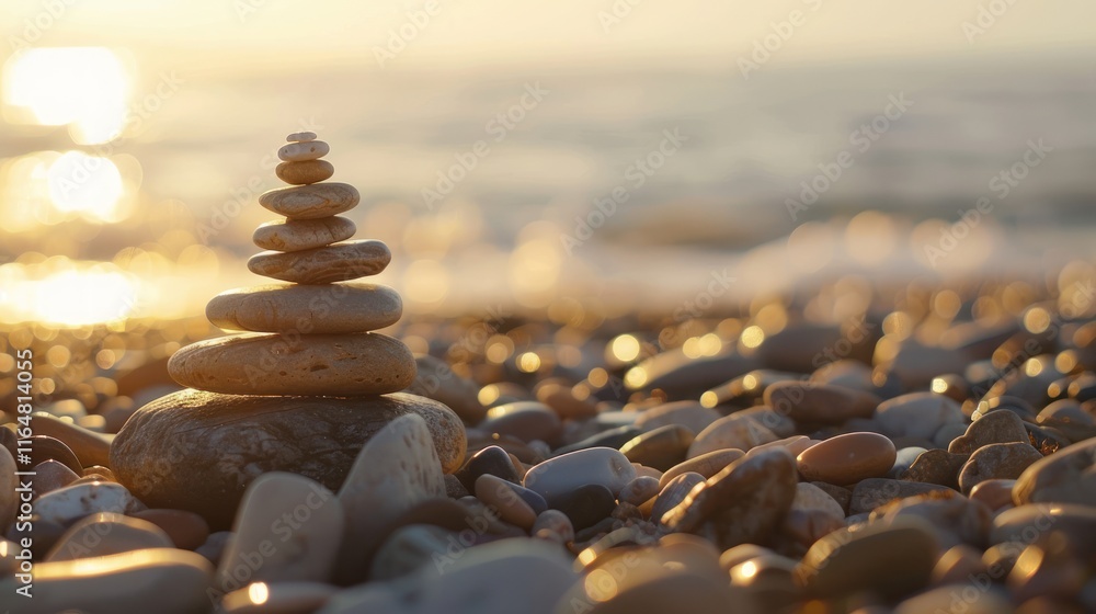 Obraz premium Stone pyramid on pebble beach with golden light of evening sun, AI generated image